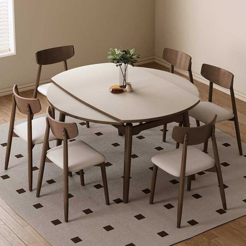 实木岩板餐桌家用小户型圆桌胡桃木色可伸缩折叠方圆两用全实木