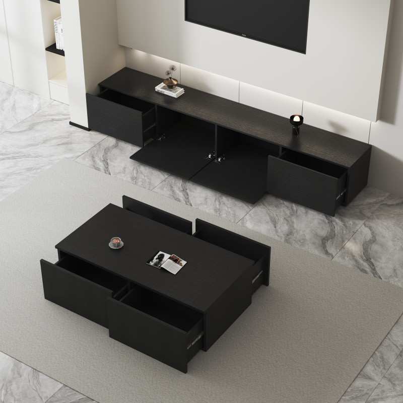 my黑色落地电视柜简约轻奢客厅实木茶几电视柜北欧轻奢小户型电视