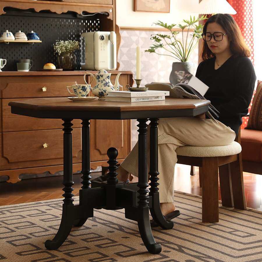 美式全实木大圆餐桌家用小户型胡桃木色南洋风美式圆桌餐桌椅饭桌