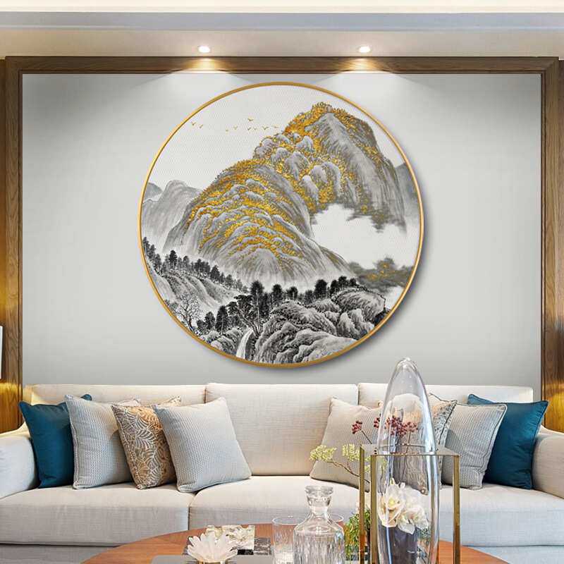 山川沧海新中式玄关装饰画轻奢抽象山水圆形挂画风水招财进门壁画