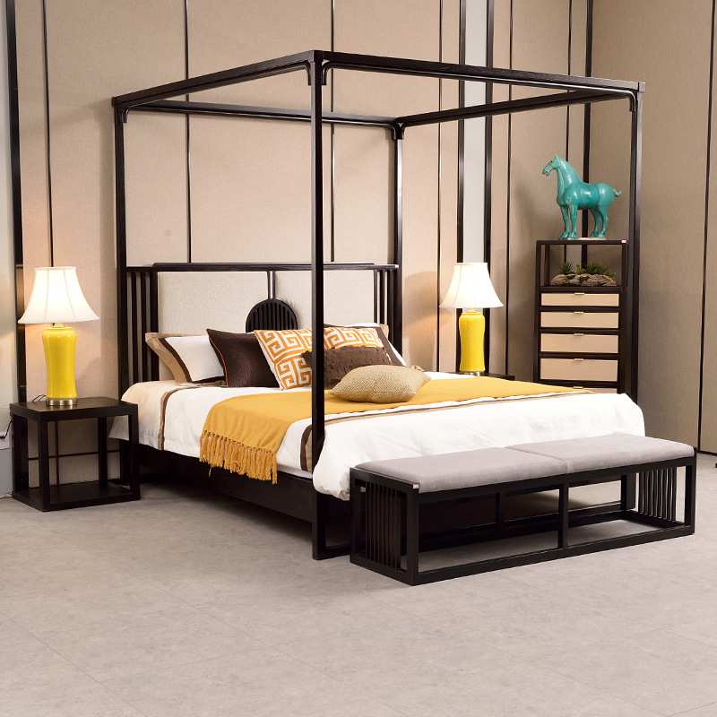 新中式实木床1.8米双人床简约现代别墅布艺床卧室样板房家具厂家