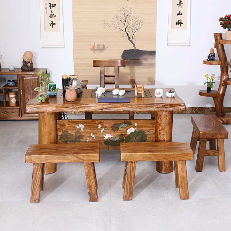 老榆木茶桌椅组合茶室茶台套装家用全实木茶几办公室茶艺桌仿古桌