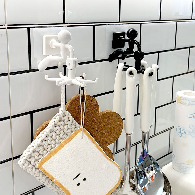 小人旋转挂钩厨房多功能勺子锅铲收纳层架置物架壁挂式免打孔挂架