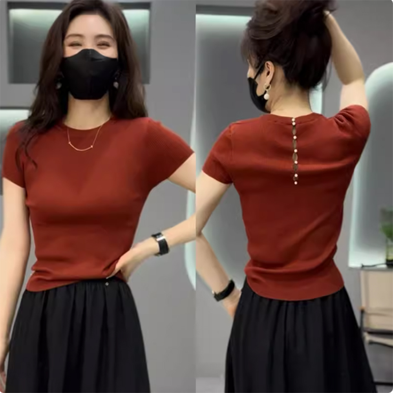 针织短袖女夏季红色小衫新款网红爆款时尚洋气欧货后背设计感上衣