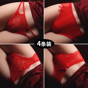 4条装 性感蕾丝内裤 女薄款 纯欲无痕低腰网纱透明本命年红色三角裤