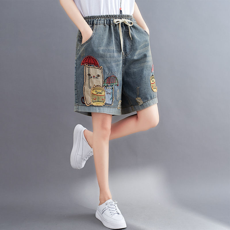 牛仔短裤女夏季薄款2025新款高腰显瘦松紧休闲复古刺绣阔腿五分裤