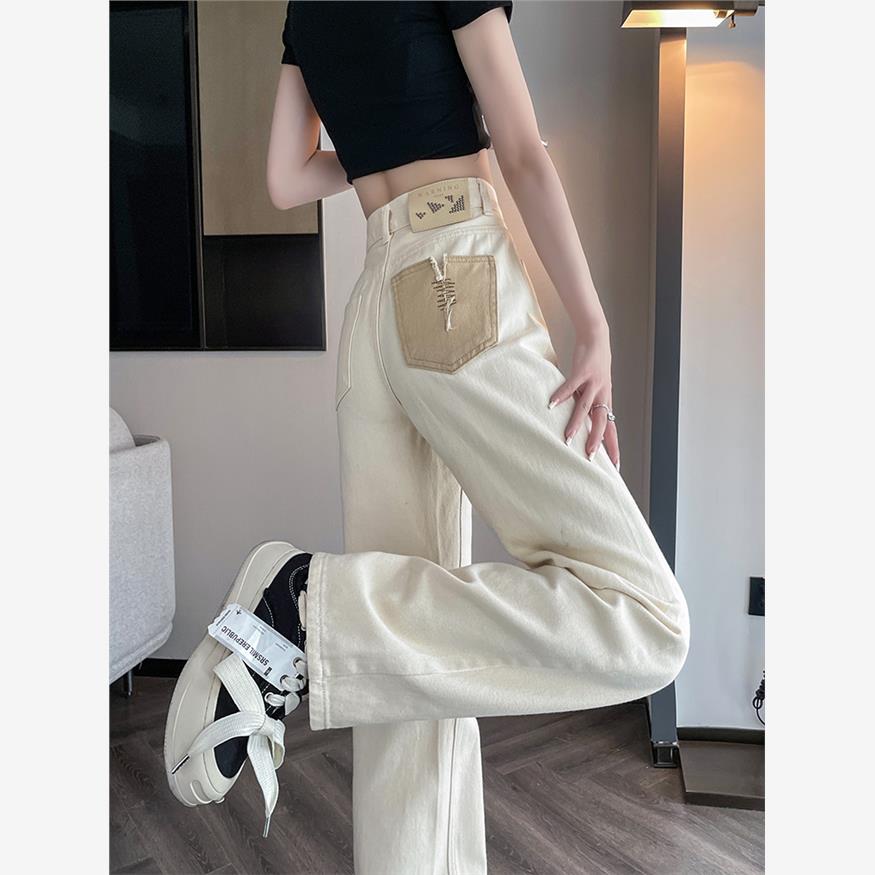 白色直筒牛仔裤女士春季新款高腰设计感小众撞色小个子窄版阔腿裤
