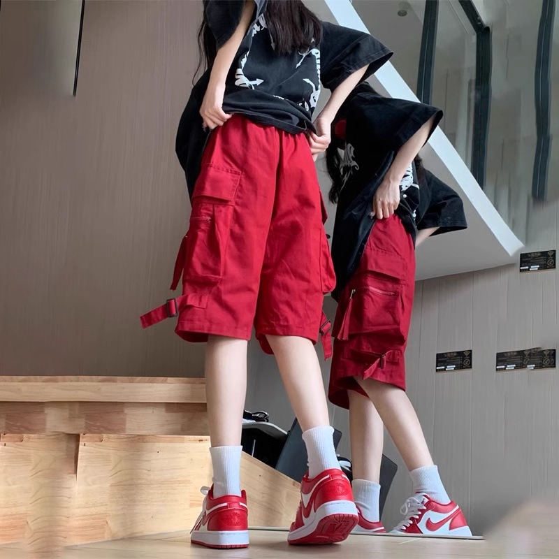 红色美式工装短裤女夏季薄款高腰宽松直筒中裤休闲速干运动五分裤