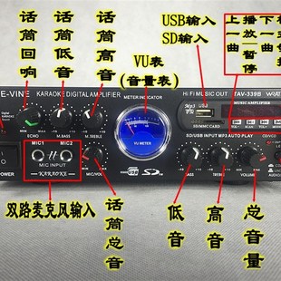 220V家用卡拉OK功放/大功率高保真功放机/双话筒/插卡FM功放机