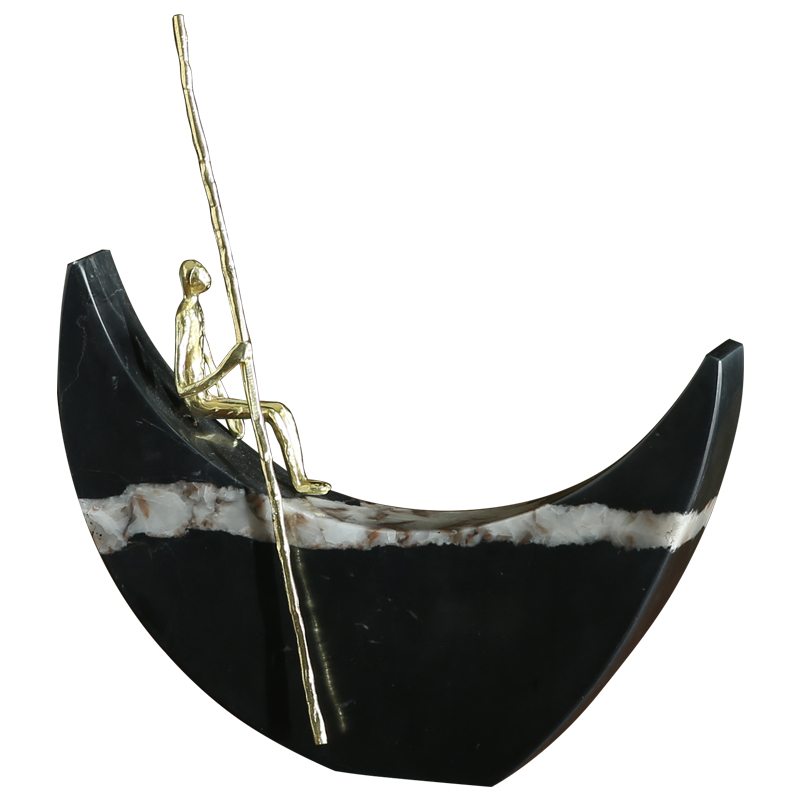 北欧轻奢软装电视柜酒柜装饰品 大理石纯铜工艺品划船人物小摆件