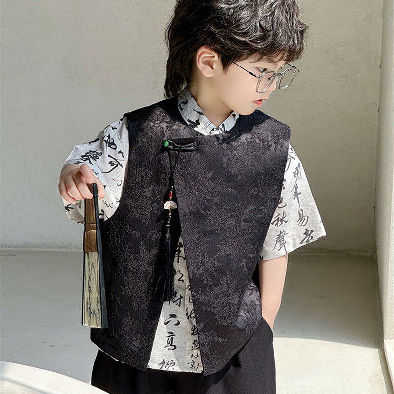 男童国潮风短袖衬衫马甲两件套2024夏中式中国风儿童走秀礼服套装,童装/婴儿装/亲子装,唐装,淘宝优惠券,粉丝福利购,淘宝优惠卷