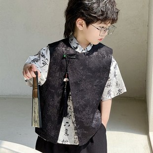 男童国潮风短袖衬衫马甲两件套2024夏中式中国风儿童走秀礼服套装