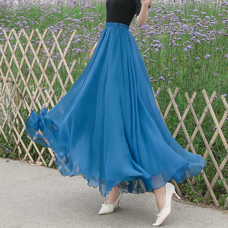 半身裙女2023新款夏季高腰720度大摆舞蹈裙网纱度假高级沙滩裙子