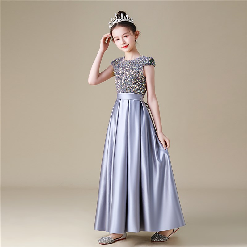 高端灰色闪亮小提琴钢琴演出服管弦乐团合唱毕业表演女童晚礼服春