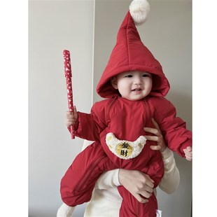 婴儿拜冬装年服男女宝宝加棉加绒连体衣红色新年过年百天周岁衣服