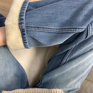 加绒加厚复古蓝直筒牛仔裤女秋冬季胖妹妹mm高腰宽松显瘦阔腿长裤