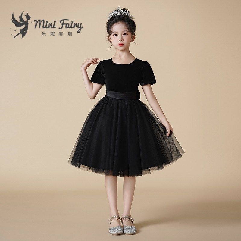 女童黑色礼服网纱公主裙钢琴表演高端乐团合唱小提琴演奏短袖船领