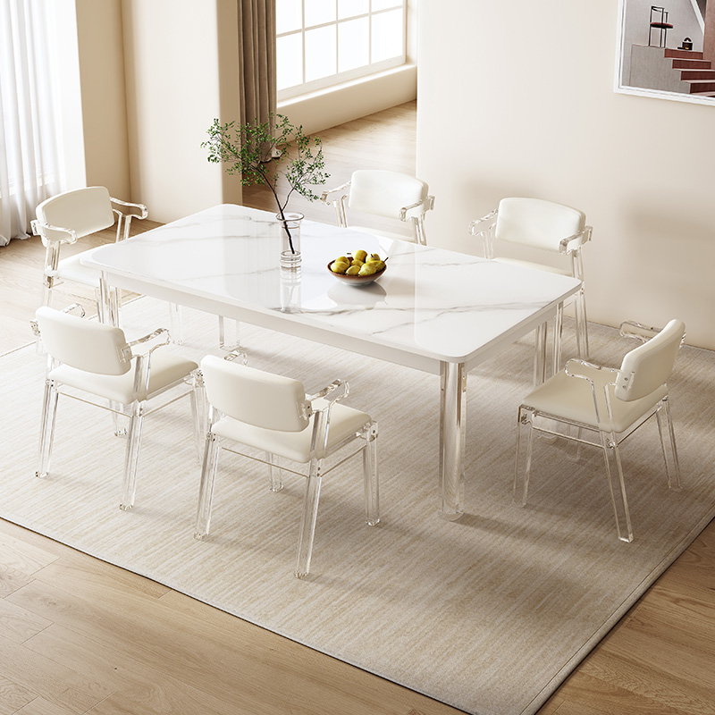 六家铺压克力悬浮岩板餐桌白色实木透明脚家用吃饭桌2022新款创意