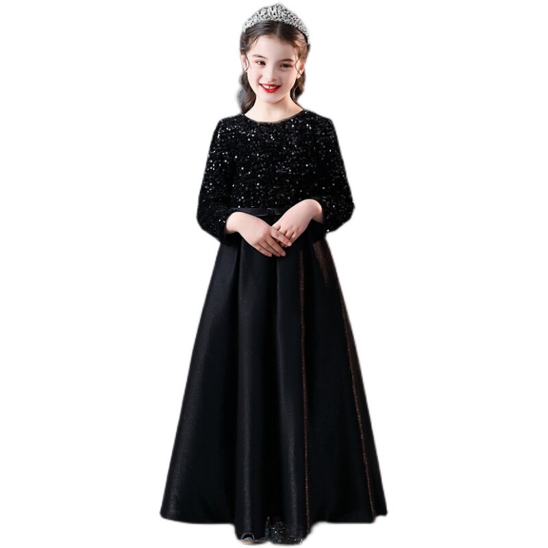 冬季黑色儿童年会演出礼服女童合唱长袖晚礼服钢琴演奏服公主裙新
