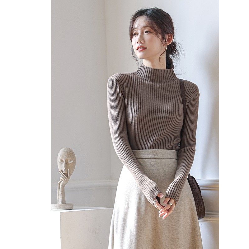 半高领针织衫女2021秋冬紧身内搭加厚黑色毛衣长袖套头打底衫上衣