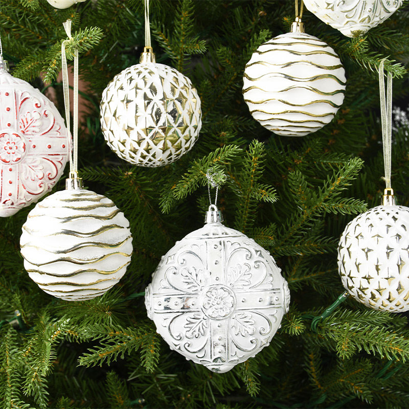 圣诞装饰品金白彩绘PVC塑胶8CM装饰球圣诞树挂饰场景布置吊球挂件