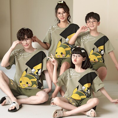 亲子装睡衣夏天短袖纯棉薄款一家三口母女男孩女童宝宝儿童家居服