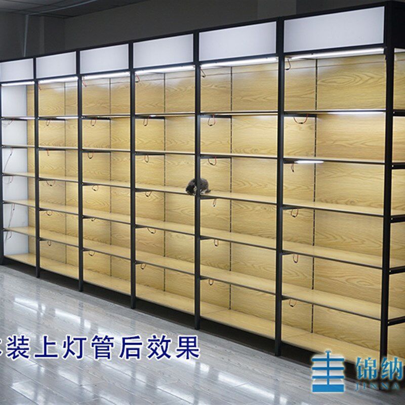 锦纳单面铁质转印木纹带LED灯箱超市文具孕婴货架精品展示储物架