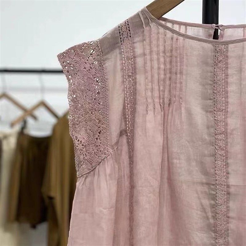 凡卡风宫廷风气质宽松款拼接花边夏季轻薄麻料镂空透气洋气衬衫女