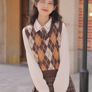 菱格针织马甲背心女早秋冬季洋气叠穿百搭短款毛衣马夹外套小个子