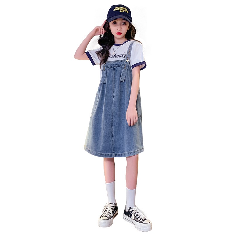 女童短袖连衣裙夏装2024新款洋气儿童牛仔背带裙套装网红童装裙子
