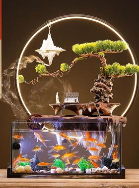 创意免换水生态玻璃缸造鱼假山流景水摆件循环水客churu33厅办公