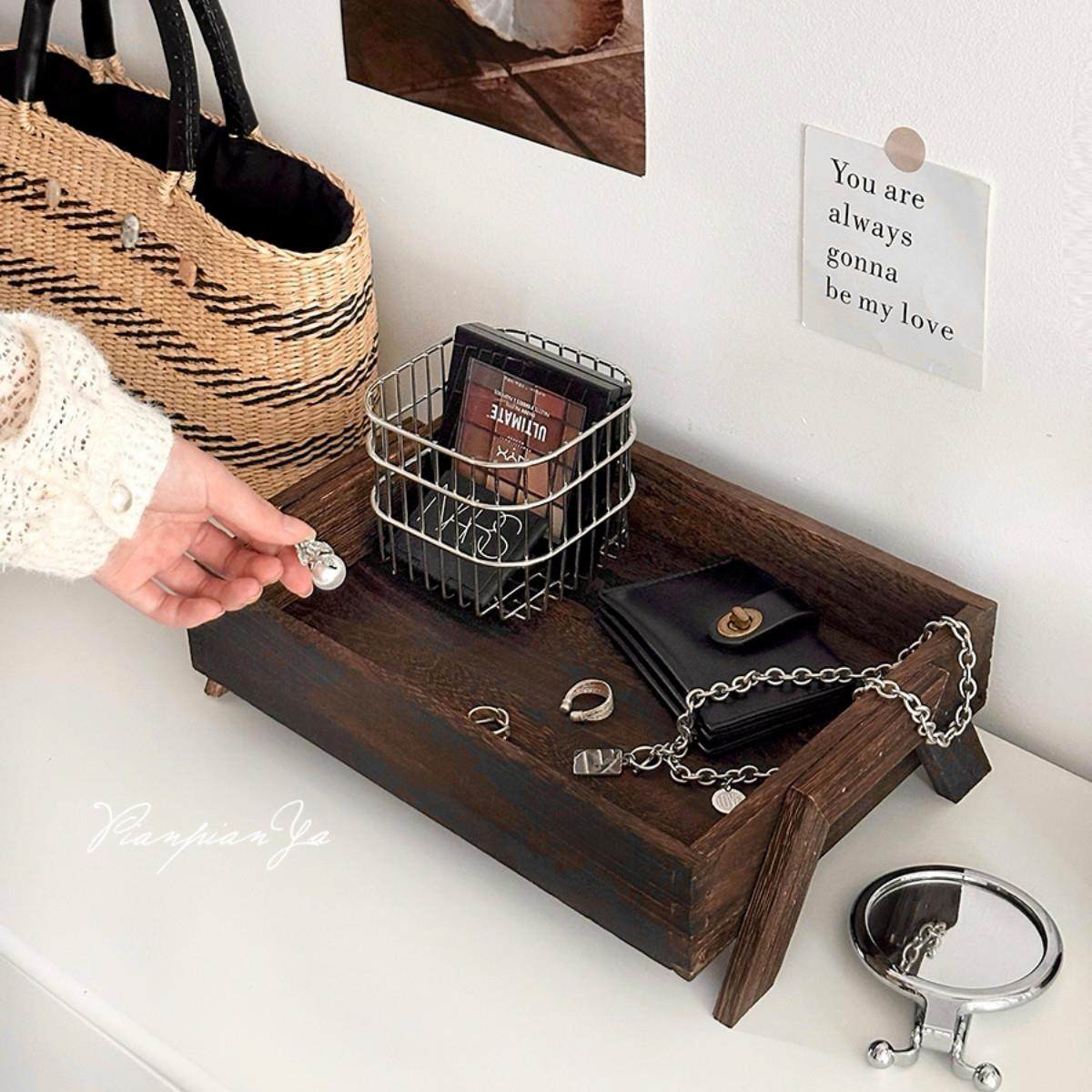 中式木收纳盘家用长方形茶台茶具物置桌盘面实杂物化妆品收纳GBP