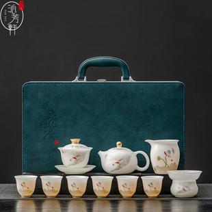 家用高档描金泡茶壶盖碗茶杯办公室送礼 冰种羊脂玉瓷功夫茶具套装