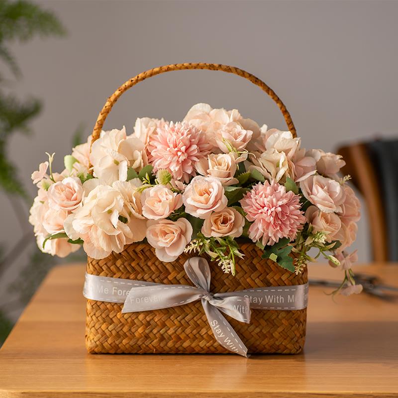 田园编织仿真向日葵手提花篮玫瑰花假花摆件家居装饰婚庆娟花花艺