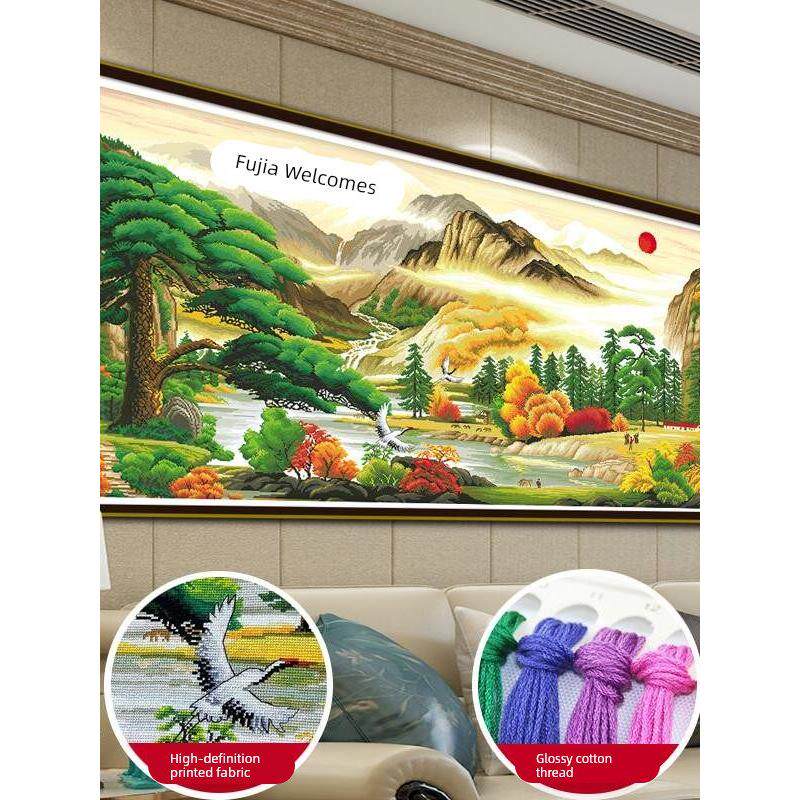 蒙娜丽莎十字绣迎客松2025新款线绣客厅山水风景画简单大气满绣画