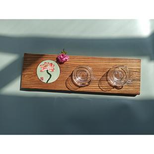 茶台高两河长条实木镶嵌浮雕瓷片画老榆木茶托茶具盘客厅摆件礼物