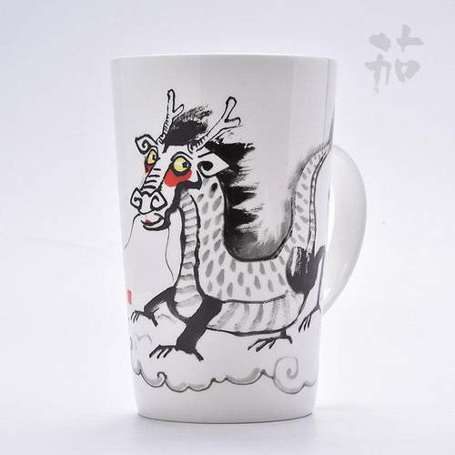 新品十二生肖龙杯子骨瓷精品中式插画创意礼盒装可爱大容量水杯