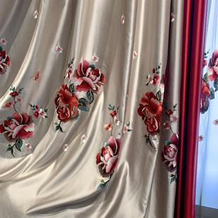 中式绣花窗帘客厅卧室别墅高窗定制仿真丝绸缎高档大气轻奢新中式