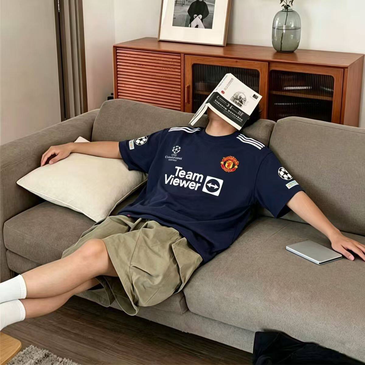美式复古曼联重磅纯棉短袖球衣