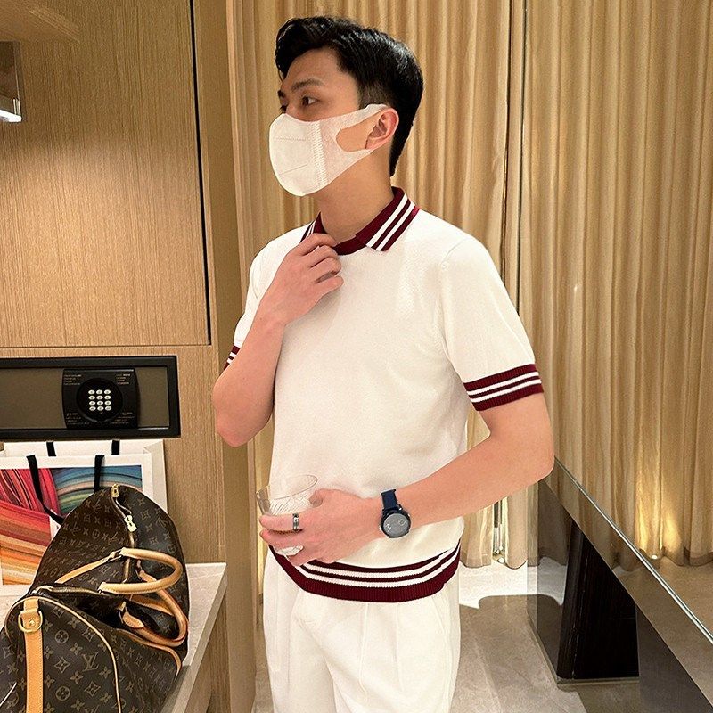 法式洋气休闲男装拼接罗纹polo衫男夏季薄款透气修身针织衫男短袖