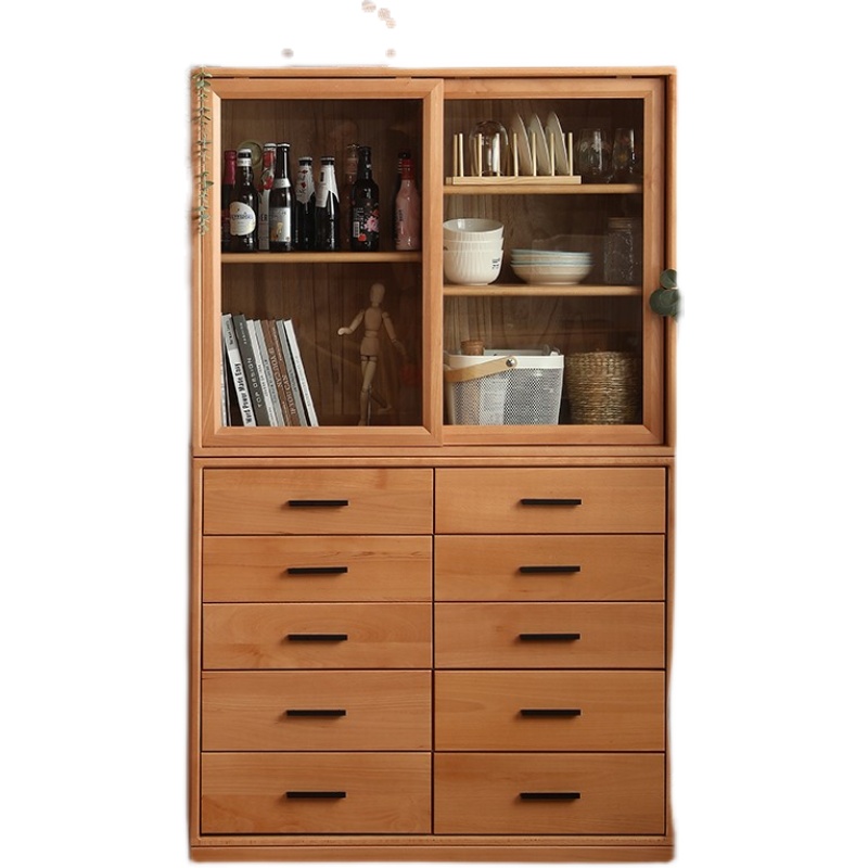 榉木纯全实木书柜带抽屉玻璃移门整装组合柜子原木餐边柜角柜斗柜