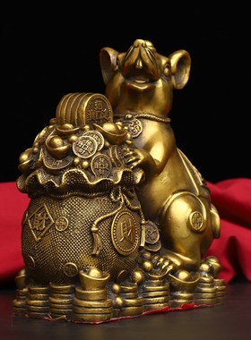 黄铜老鼠摆件纯铜聚宝盆鼠生肖鼠元宝福禄鼠五鼠运财客厅桌面装饰