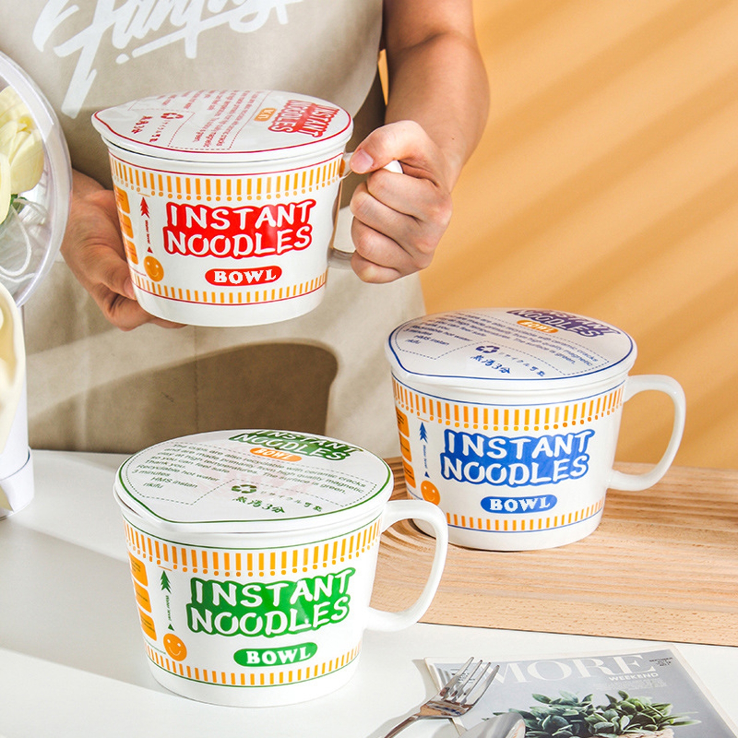 日式创意泡面碗陶瓷带盖学生宿舍用大容量手柄泡面杯高颜值打饭碗