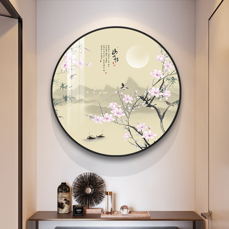 中国风圆形装饰画玄关花鸟画客厅餐厅新中式壁画饭店走廊过道挂画图片