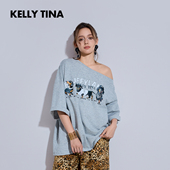 新款 KELLY TINA毛茸系列T恤女斜肩夏季 凉感灰色印花狗狗T宽松显瘦