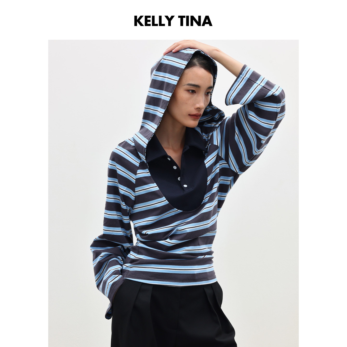 KELLY TINA航海日记解构针织假两件女2025春秋季蓝色条纹宽松T恤