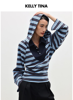 KELLY TINA航海日记解构针织假两件女2025春秋季蓝色条纹宽松T恤
