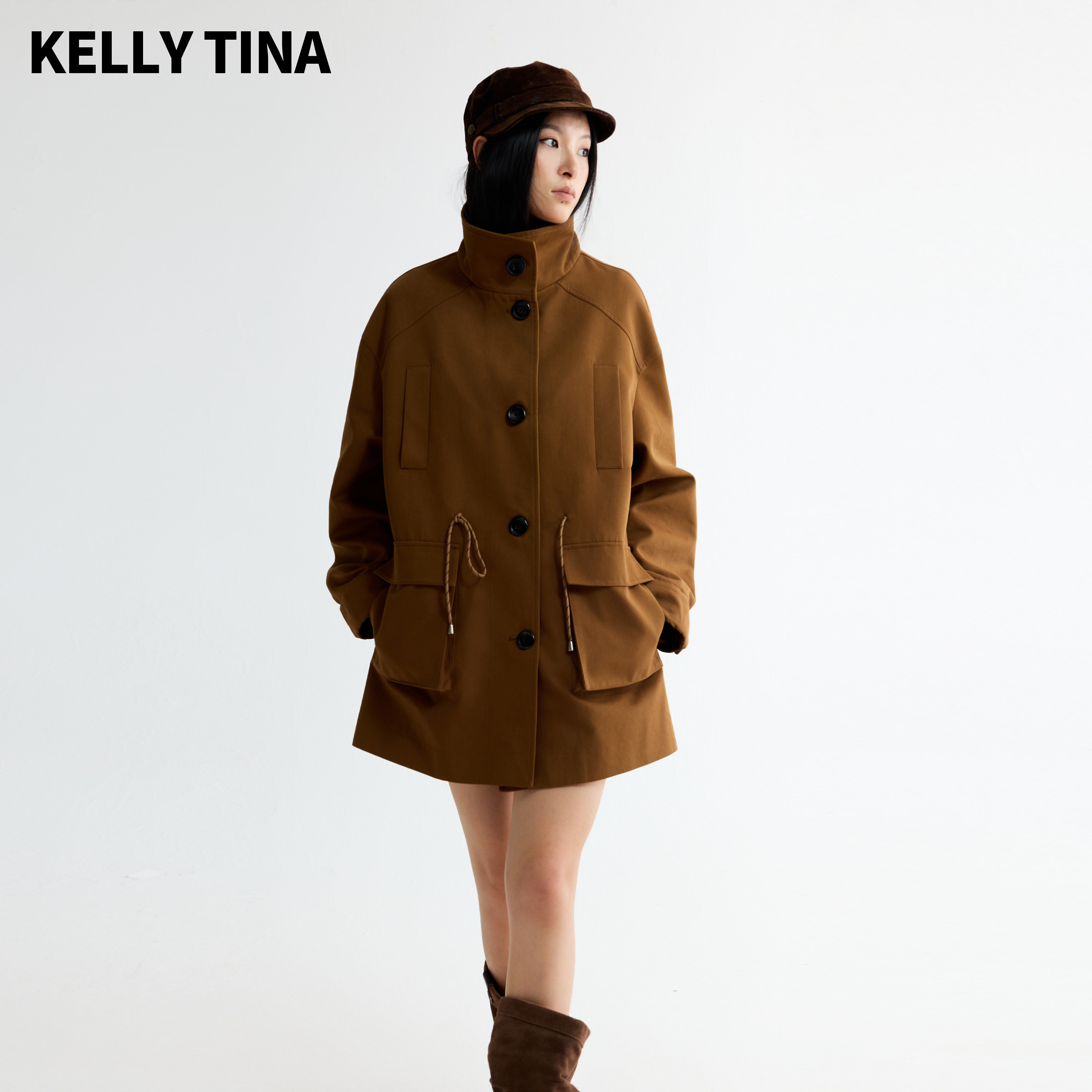 KELLY TINA简约棉感工装外套女立领抽绳宽松中长款焦糖棕休闲风衣