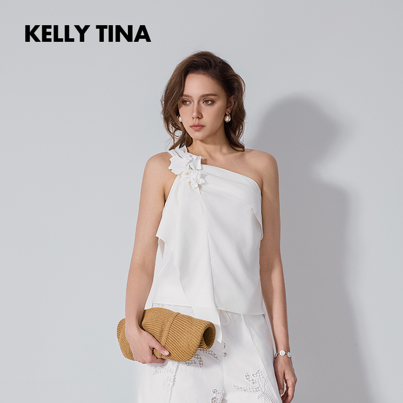 白色可拆卸花朵单露肩吊带上衣