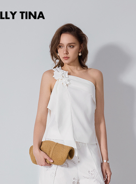 KELLY TINA花朵白色斜肩吊带女2025新款设计感法式无袖露肩上衣女